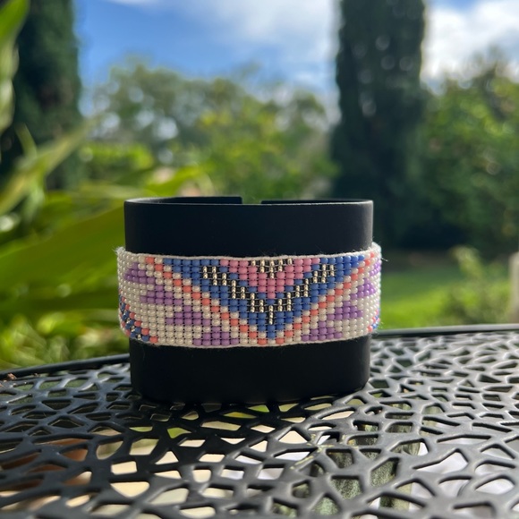 Pastel Color Geometric Pattern Beaded Cuff Bracelet - Cute Adjustable Bracelet - Picture 1 of 6